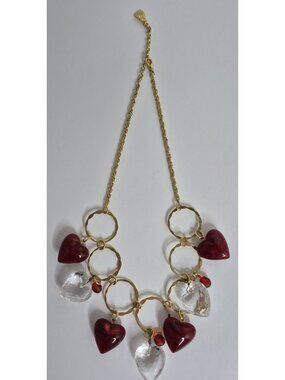 Goldtone Red And Clear Heart Shaped Necklace Signed YOCHI NY 19" Extended